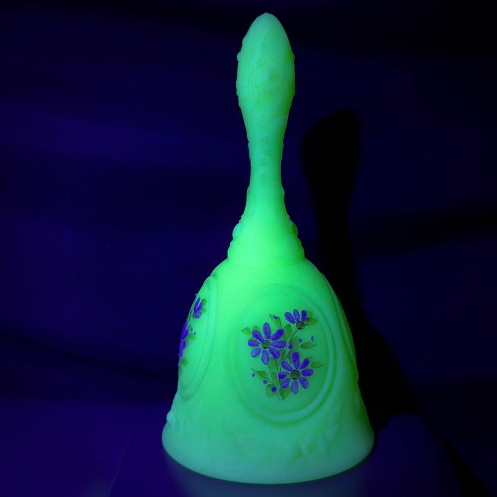 Fenton Custard Uranium Glass Bell Hand Painted A Jane Knopp Floral Rose 6.75in